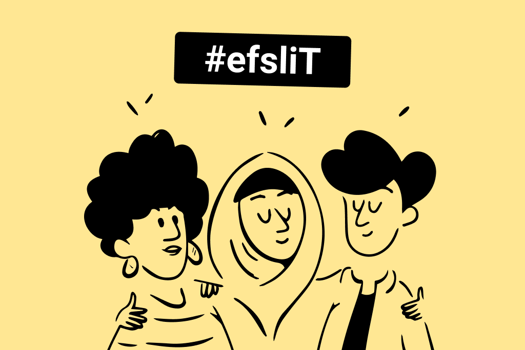 Illustration of three people under the hashtag #efsliT